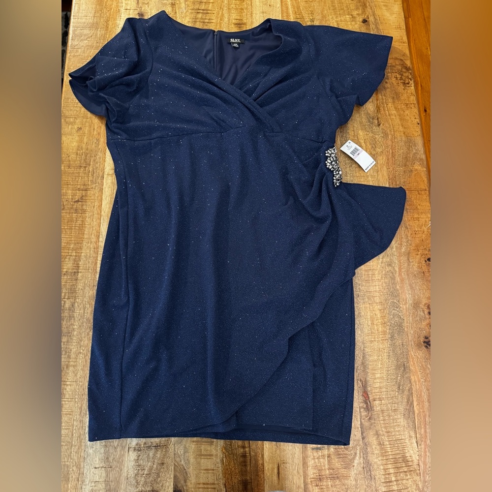 SLNY Midnight Blue Dress with Silver rhinestone waist Embellishments NEW NWT 22W